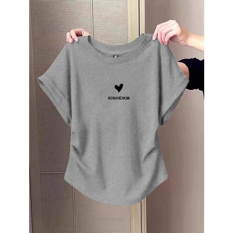 小飞袖褶皱正肩短袖t恤女夏季2025新款设计感收腰显瘦圆领上衣潮