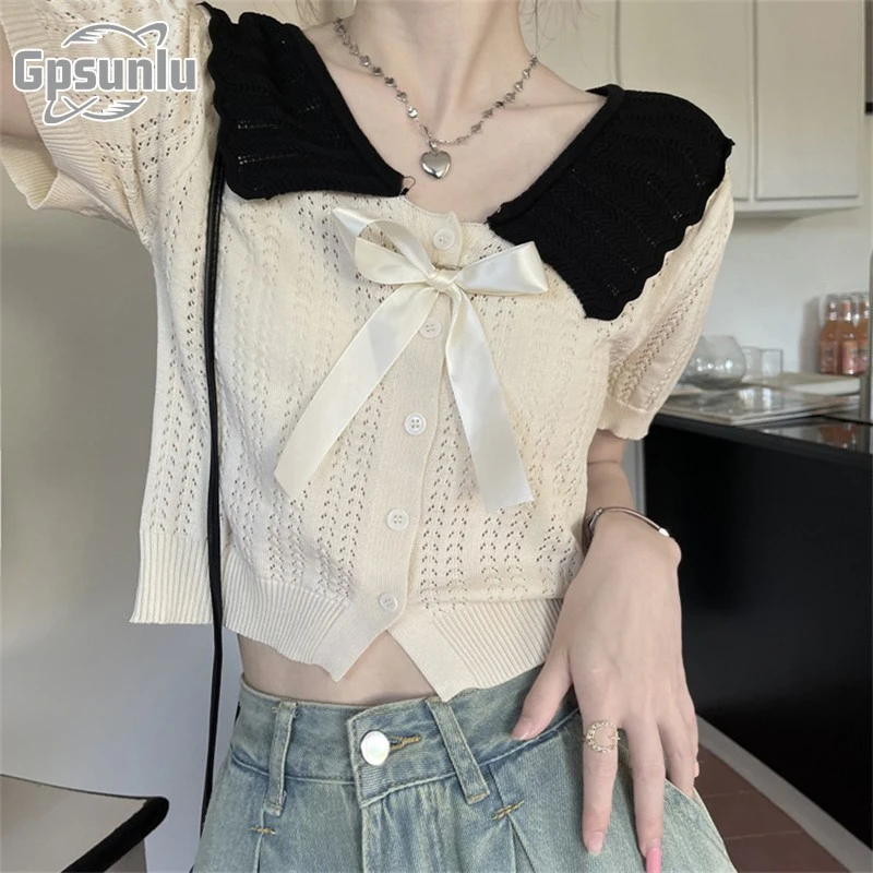 gpsunlu娃娃领短款短袖恤女夏季新款小个子miu系娃娃领针织短袖