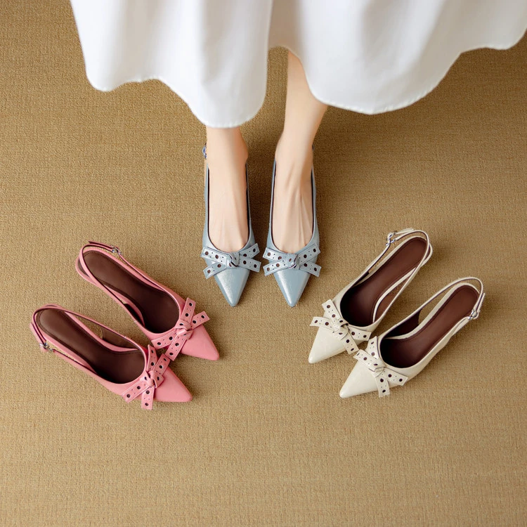 牛羊皮~5cm春夏新款全真皮蝴蝶结尖头细跟中跟一字扣带包头凉鞋女