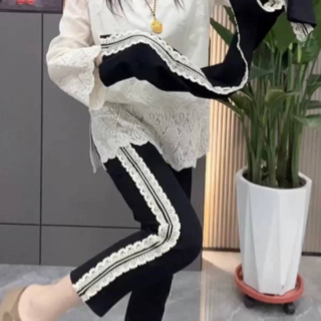 春季新款蕾丝花边9分打底小黑裤