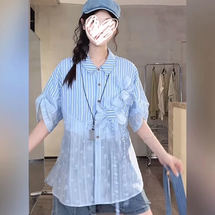 【清】大码法式微胖短袖衬衫新款夏季条纹衬衣宽松显瘦上衣-7296