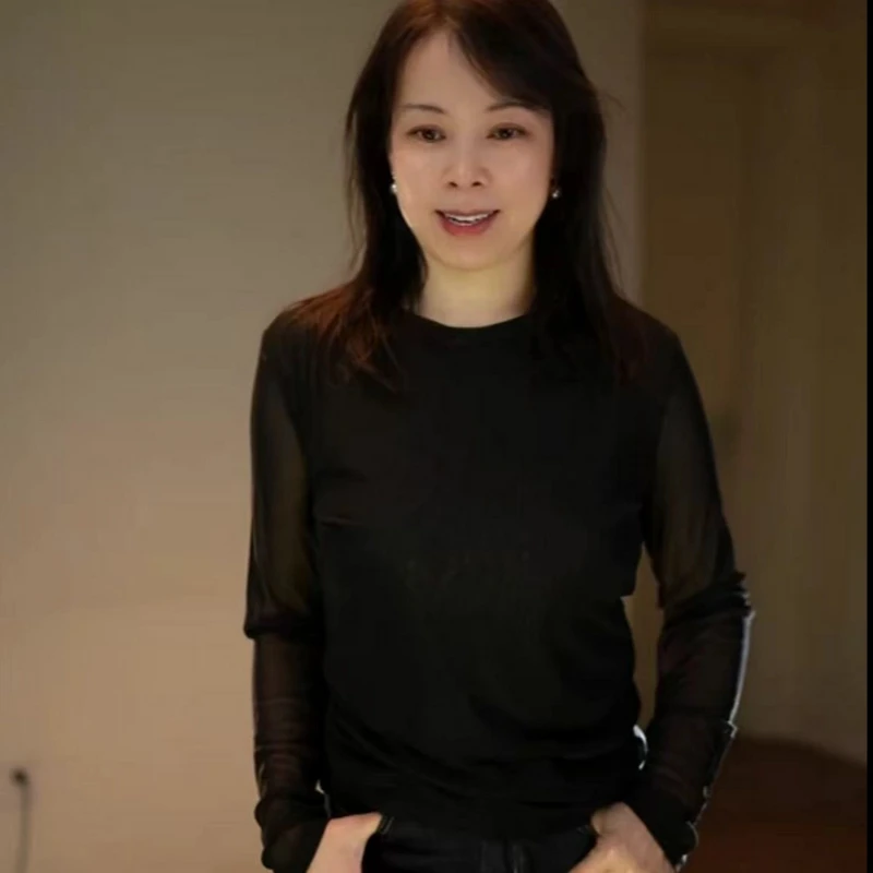 【蝶恋花专属】纯色圆领春夏肌肤纱网纱百搭显瘦上衣长袖女t恤8005