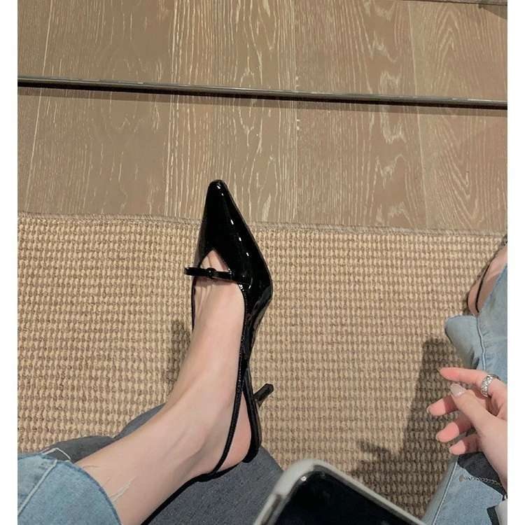 2025新款绝美蝴蝶结真皮高跟鞋女细跟一字带高跟凉鞋尖头凉拖单鞋