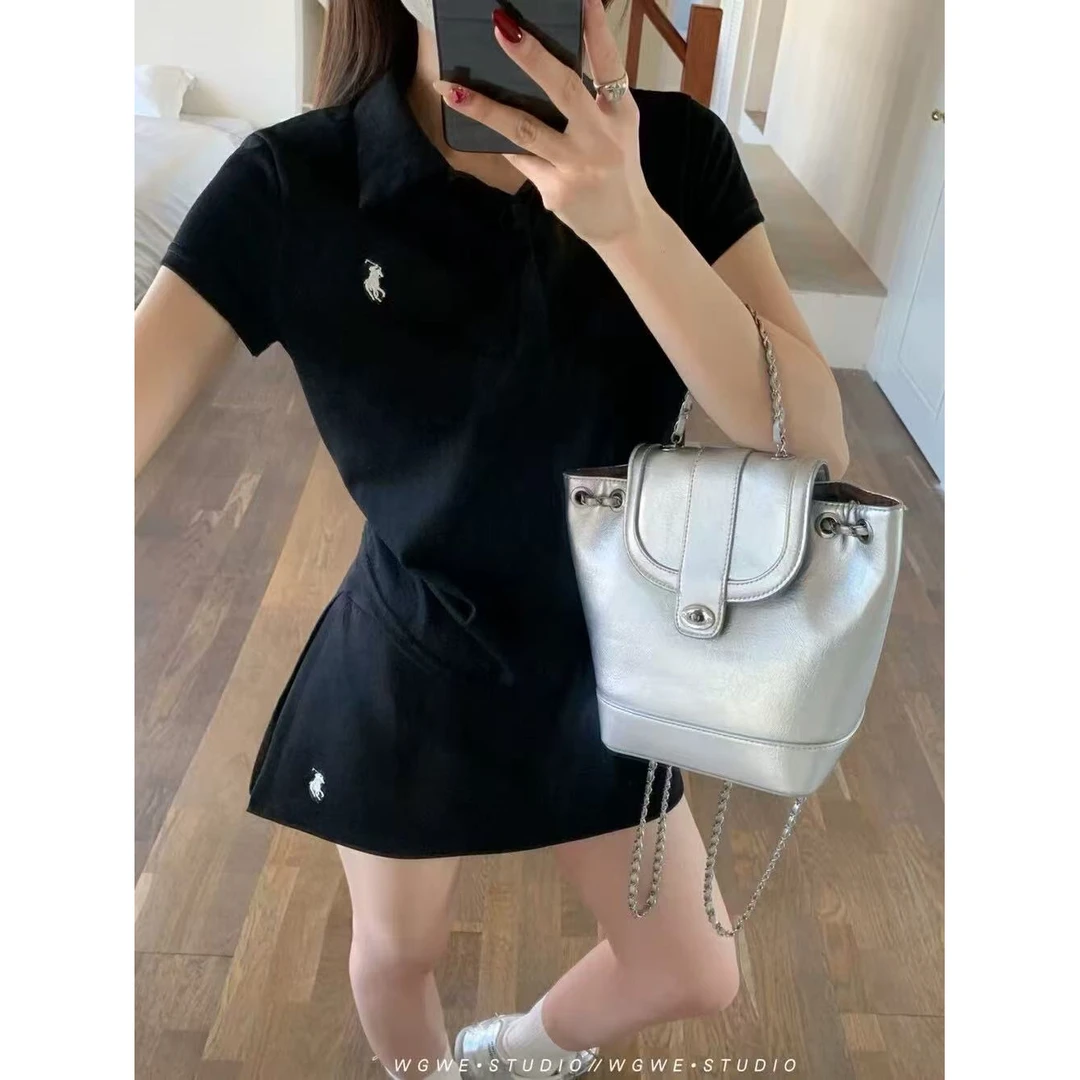 MAMIE【高尔夫】韩版女POLO领小马刺绣短袖上衣休闲超短裤裙套装