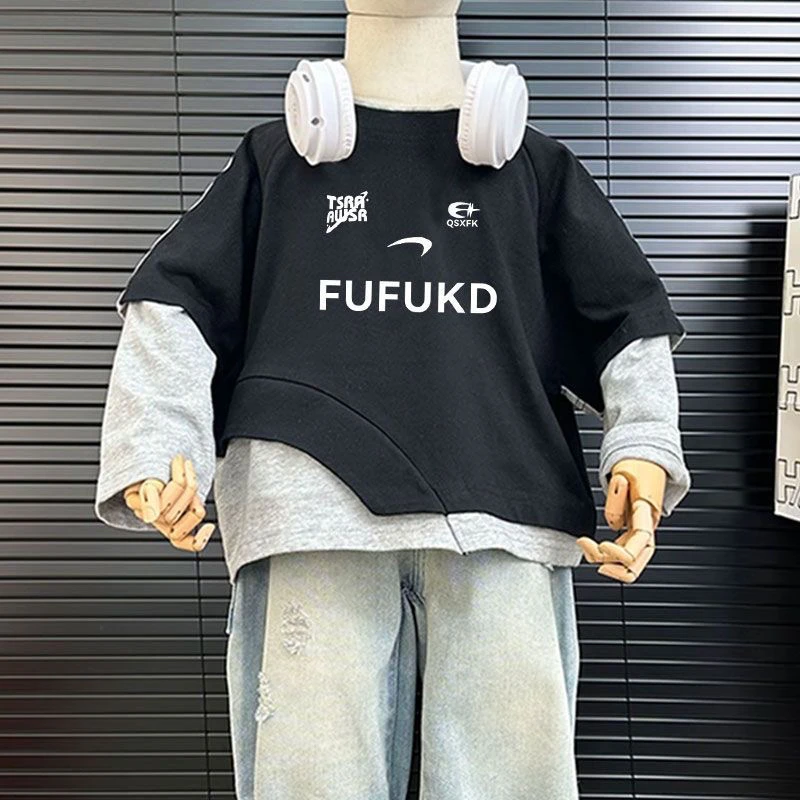 儿童春秋新款纯棉假两件韩版拼接上衣T恤中小童男女可爱洋气上衣t