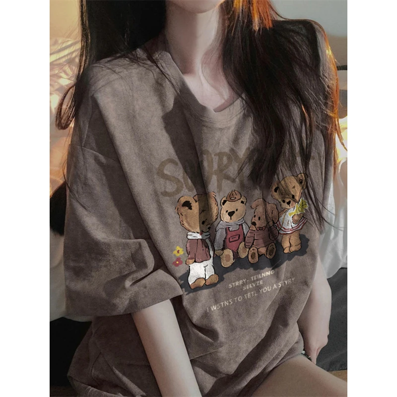 棕色短袖t恤女2025新款夏季纯棉半袖宽松美拉德穿搭复古圆领上衣