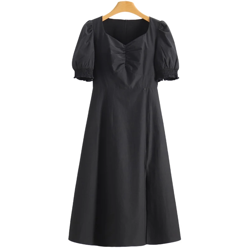 F1017-【郁】法式优雅短袖方领黑色收腰连衣裙#XYX56L057