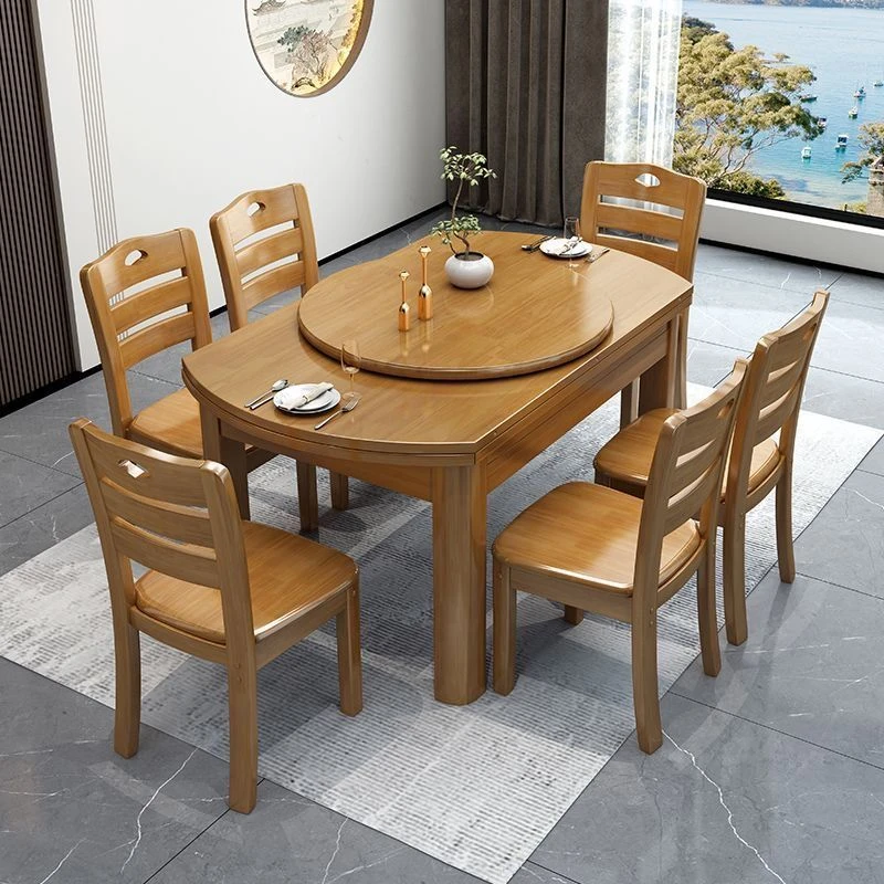 2025新款实木餐桌椅伸缩方圆两用吃饭桌子小户型折叠带转盘大圆桌