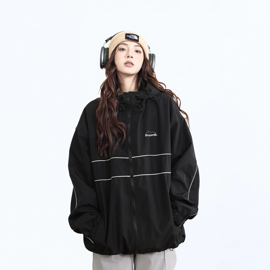 复古黑色潮牌连帽外套女春秋2025年新款宽松街头美式运动夹克上衣