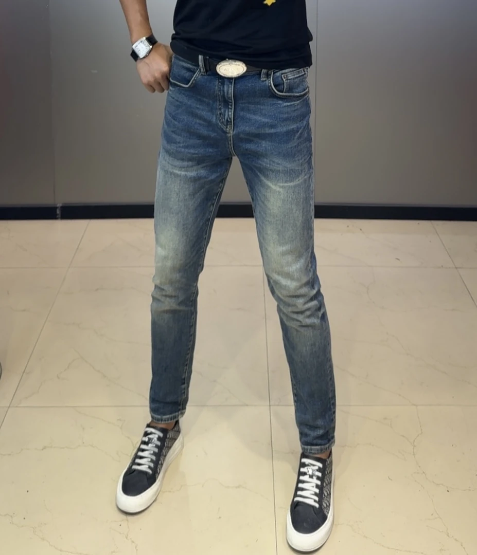 高端水洗蓝夏季修身裤弹力牛仔裤男款设计师百搭显瘦小脚裤裤子