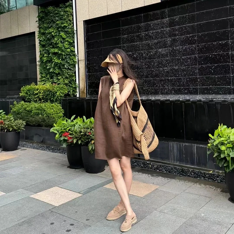 慵懒风咖色简约气质无袖棉麻短裙背心裙子夏季小个子亚麻连衣裙女