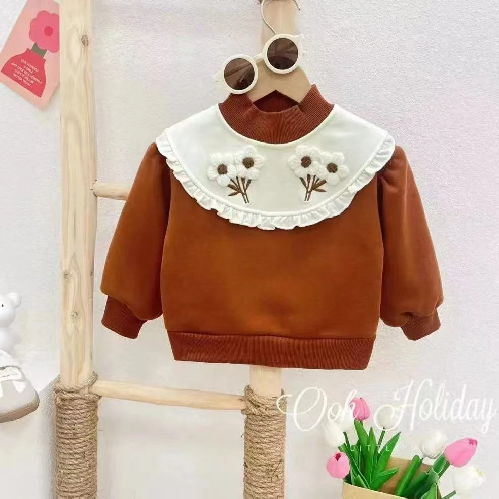 女童花边加绒卫衣韩版秋冬款女宝卫衣绣花加绒上衣SJ-J-C337