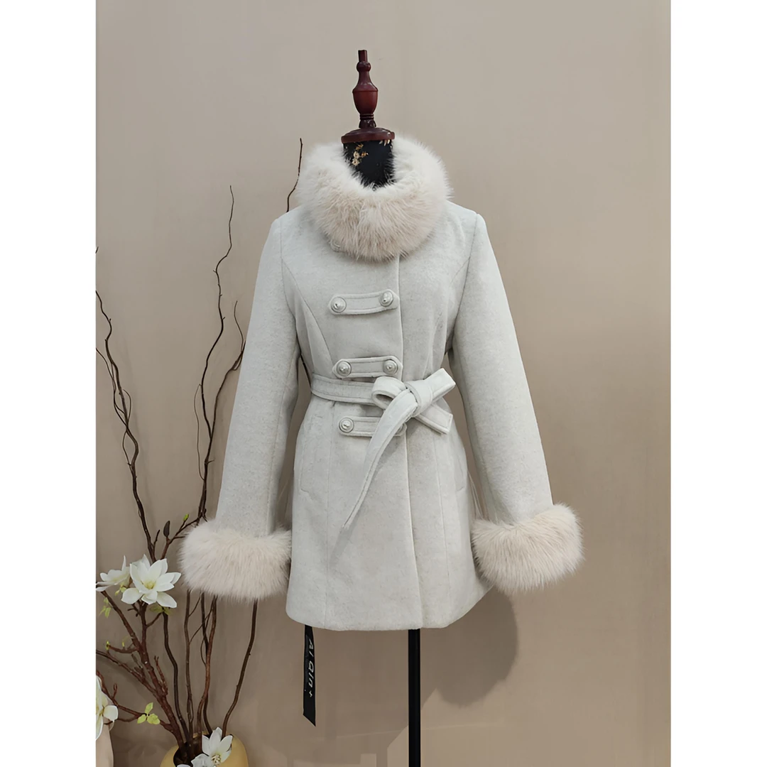 米雪严选一冬季法式气质小香风毛毛领纯色双排扣收腰厚款毛呢外套