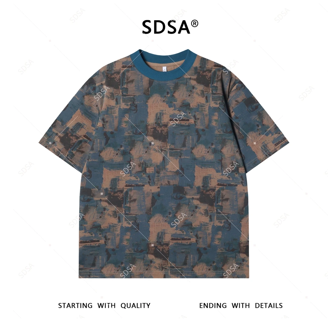 夏季高级感新款男士美式不规则色块短袖T恤迷彩重磅复古圆领上衣