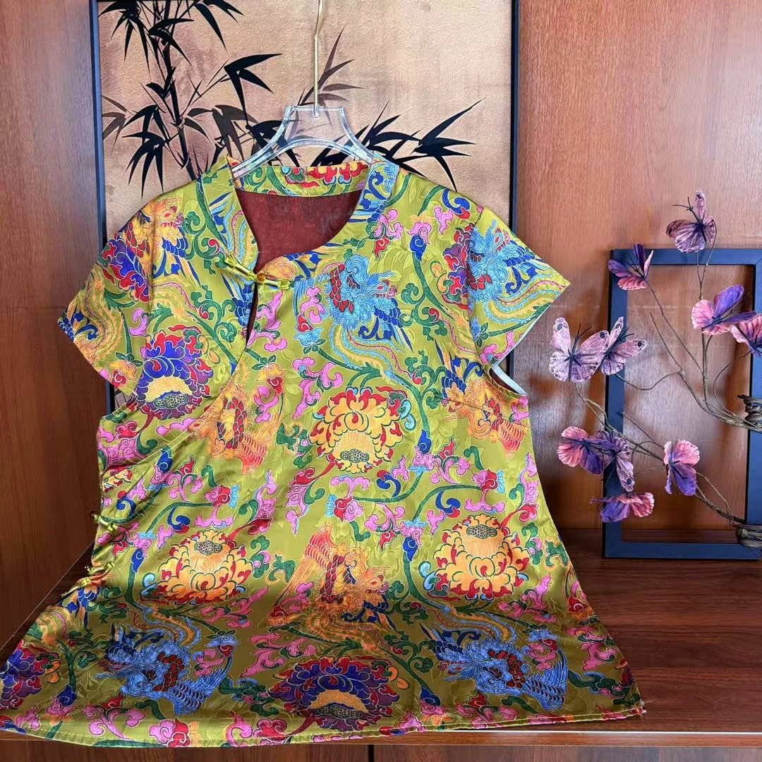 【九转金莲】新中式缎面提花国风大码金莲飞袖上衣短袖打底衫