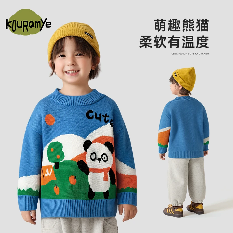 酷娃米秋冬新款儿童毛衣中小男女童可爱熊猫针织圆领针织衫4604