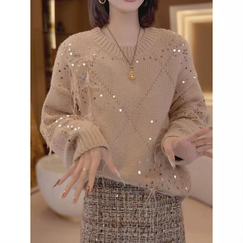 法式氛围感轻奢重工亮片羽毛针织衫女2025冬季新款毛衣减龄上衣潮