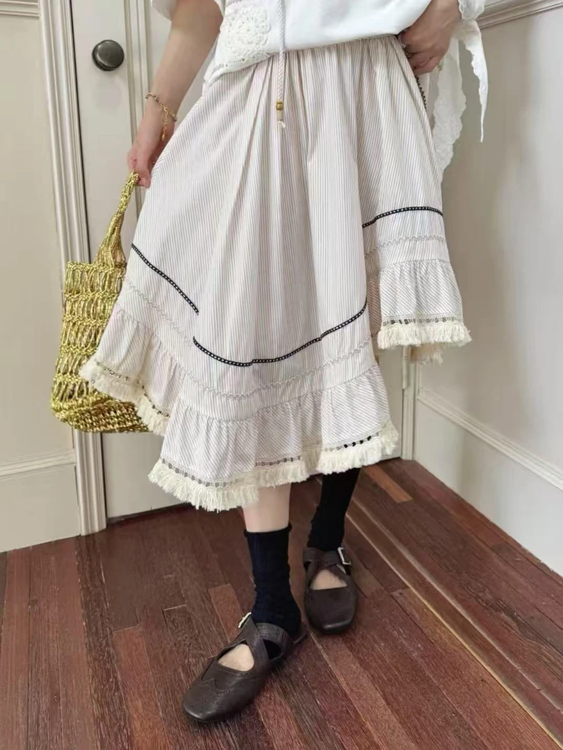 ICEDUST 25PF秋季新款彩条不对称流苏半身裙女中长裙百搭