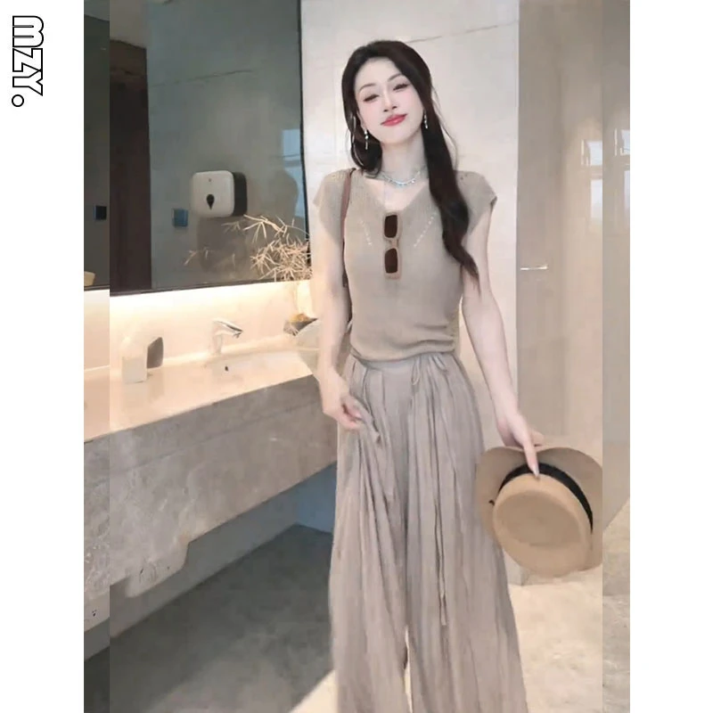 茶系小个子夏装搭配一整套显瘦阔腿裤子女夏季梨形身材微胖两件套