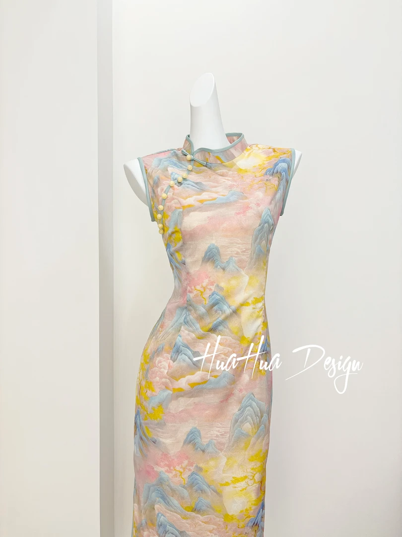 苏故里【千里江山】2025年新款复古气质送考旗袍修身双层衣长120