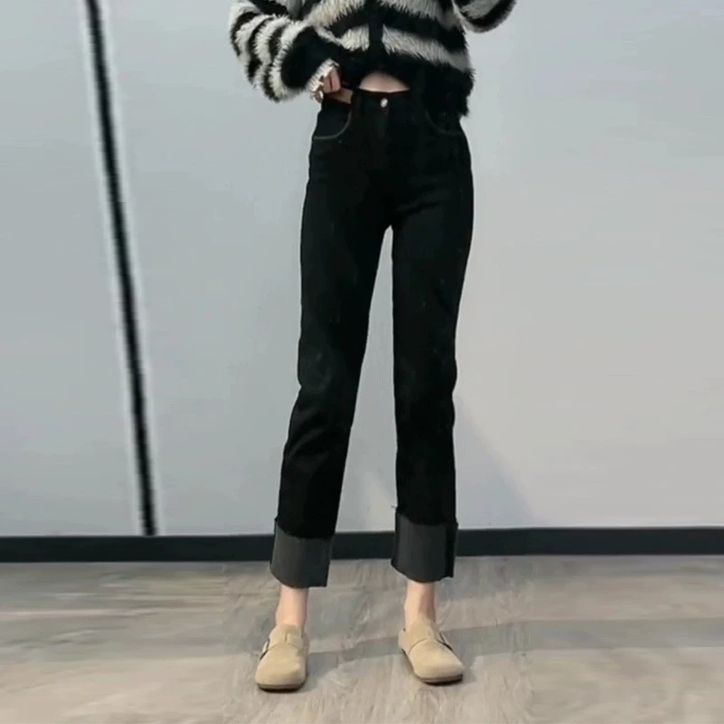 法棍裤直筒牛仔裤女高腰显瘦2025小个子九分裤弹力卷边秋冬烟管裤