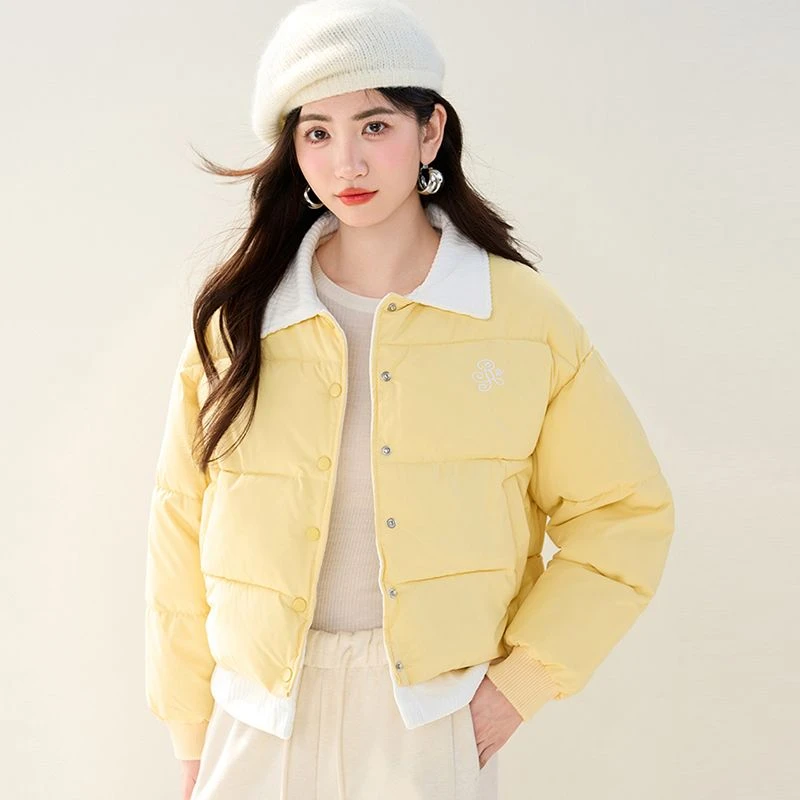2025新款撞色拼接翻领保暖小棉衣巨好看刺绣假两件棉服外套女冬季