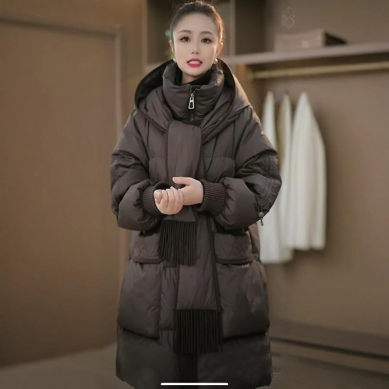 气质显瘦减龄带围巾帽子可拆白鸭绒羽绒服女外套M-XL