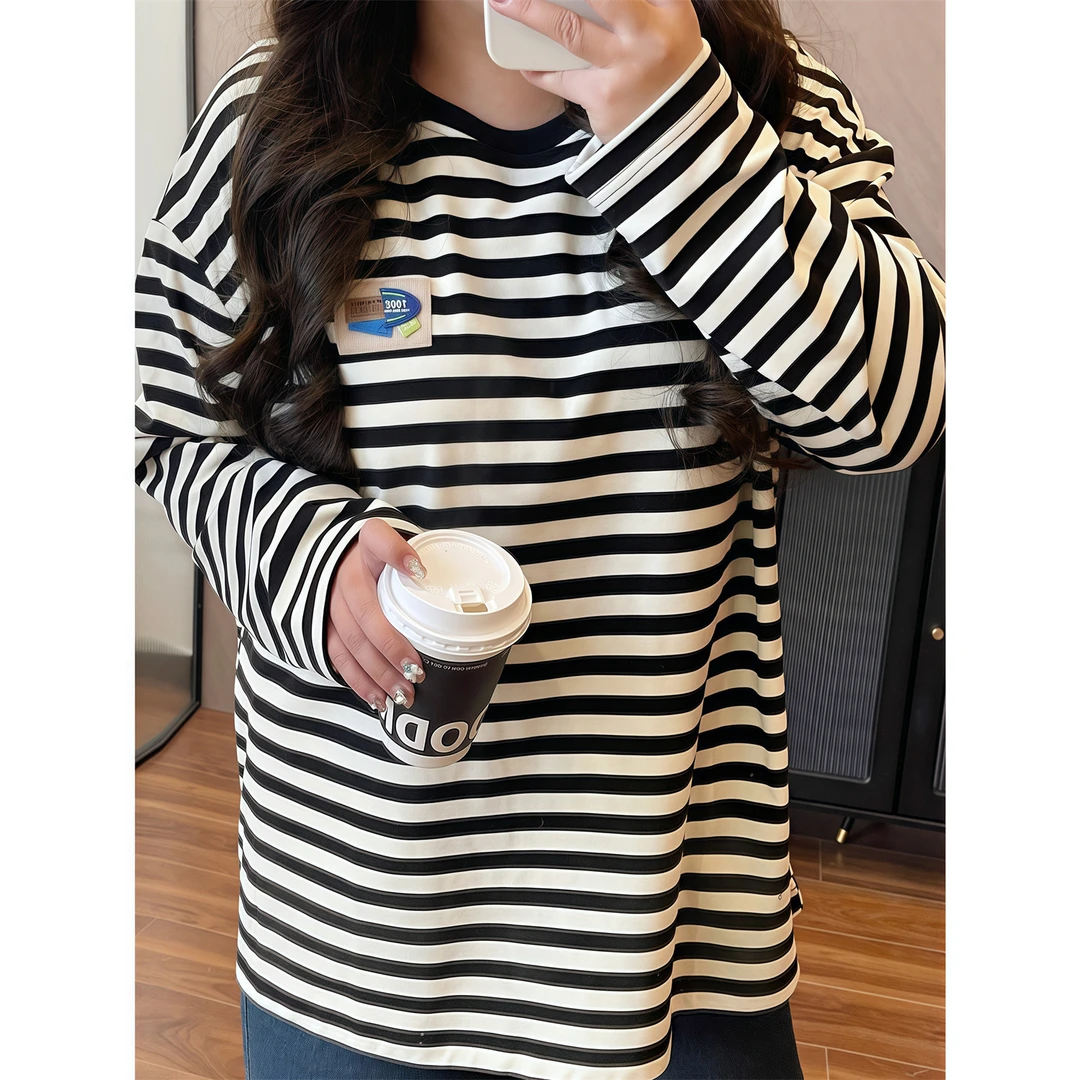 泡芙甜心 / 松弛感罗纹德绒条纹T恤13252花契200斤胖mm休闲时尚