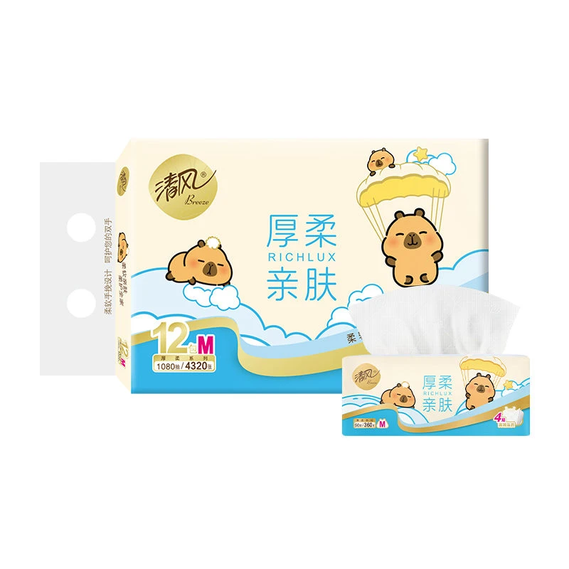 清风厚柔4层软抽纸 90抽*12包 新老包装随机发货