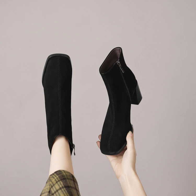 6.5CM羊反皮，侧拉链时装靴单靴高跟秋冬短流光风侧拉链短筒高跟靴