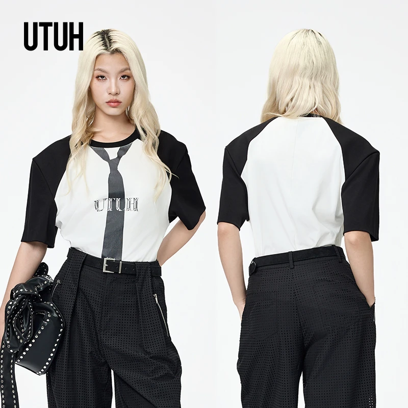 UTUH 黑白拼色宽肩领带印花经典百搭垫肩收腰显瘦上衣 TDWWR2N128