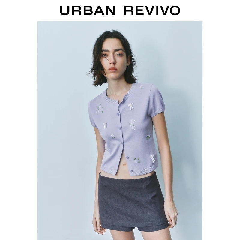 UR2025秋季新款女立体蝴蝶结花朵装饰短袖针织开衫UYY950057