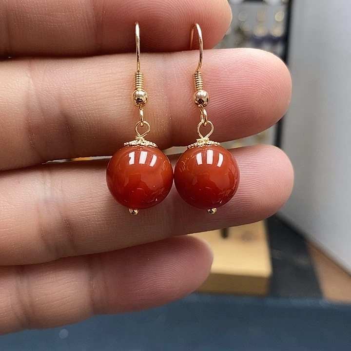 南红玛瑙银S925镀金镶嵌耳饰尺寸12mm