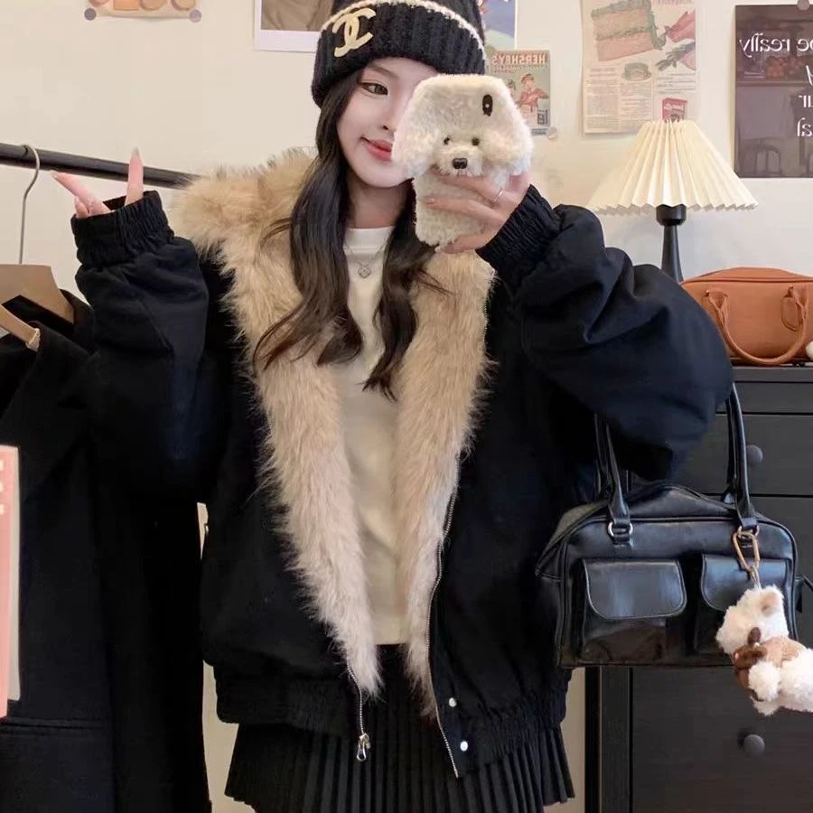 正品座山雕加厚毛领秋冬季外套棉服夹克工装派克服狐狸毛百搭加绒