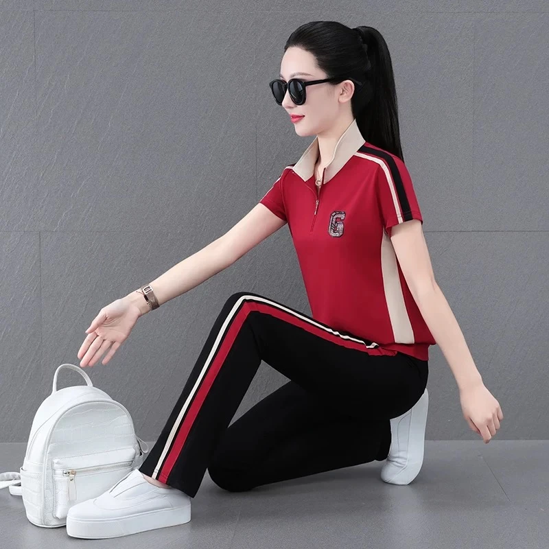 运动套装女2025年夏季休闲立领短袖显瘦跑步服洋气时尚两件套8811