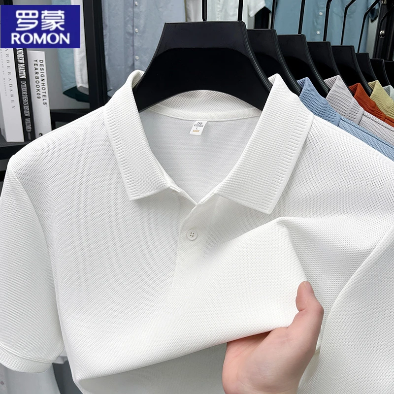 罗蒙夏季薄款男士纯色短袖T恤宽松透气凉爽百搭中青年翻领POLO衫