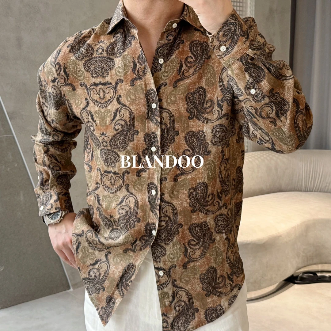 BLANDOO “色织亚麻” 男士时尚设计痞帅腰果花衬衫2BD462