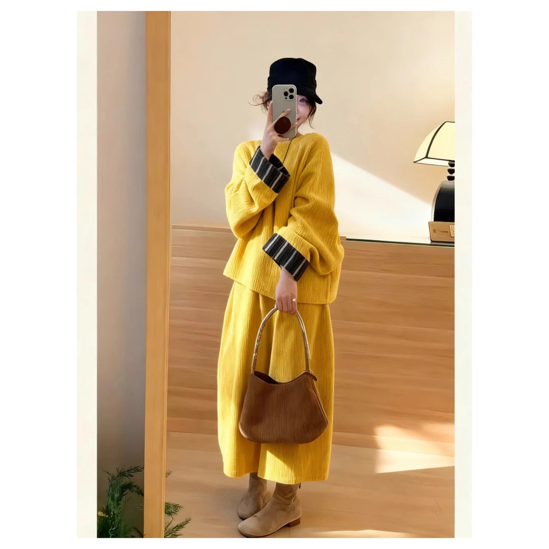 深冬穿搭一整套炸街时尚慵懒显瘦百搭松弛黄色卫衣阔腿裤两件套