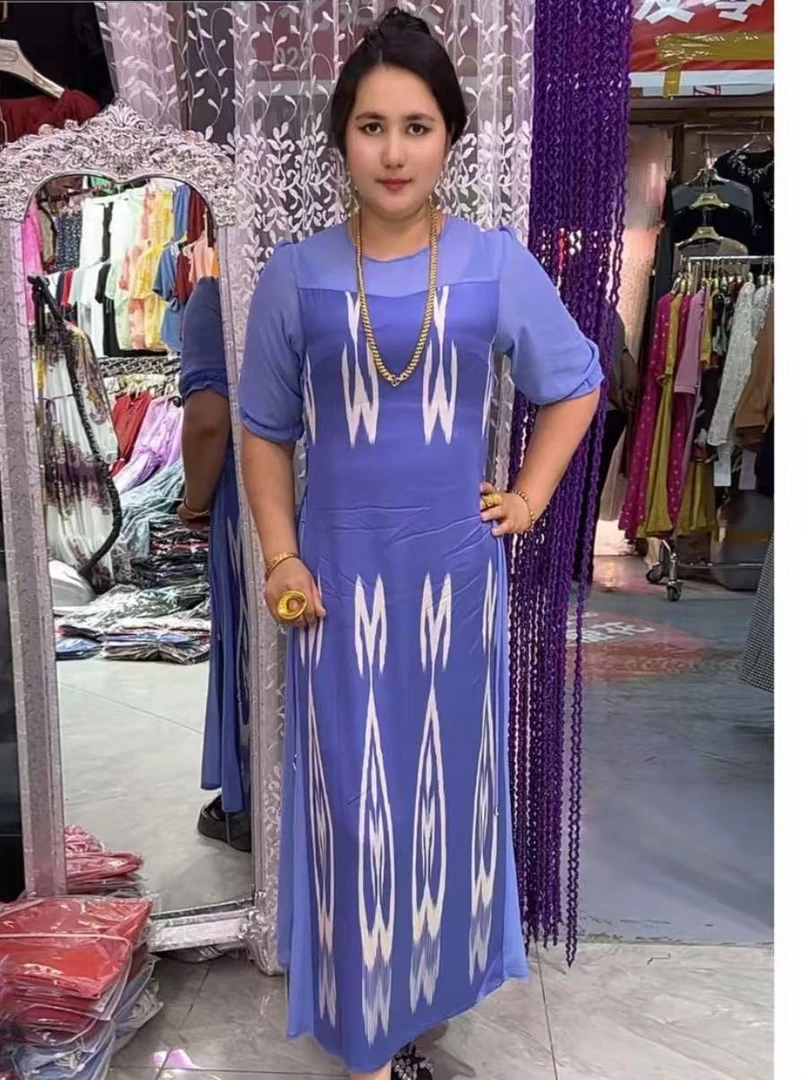 民族风女士服装夏季短袖长裙连衣裙中腰圆领性感风