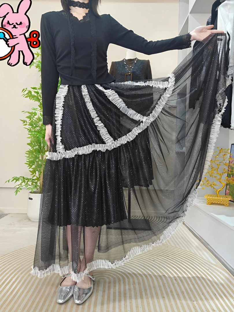 半身裙A字蕾丝黑色重工中长款蛋糕裙网纱裙大摆日常