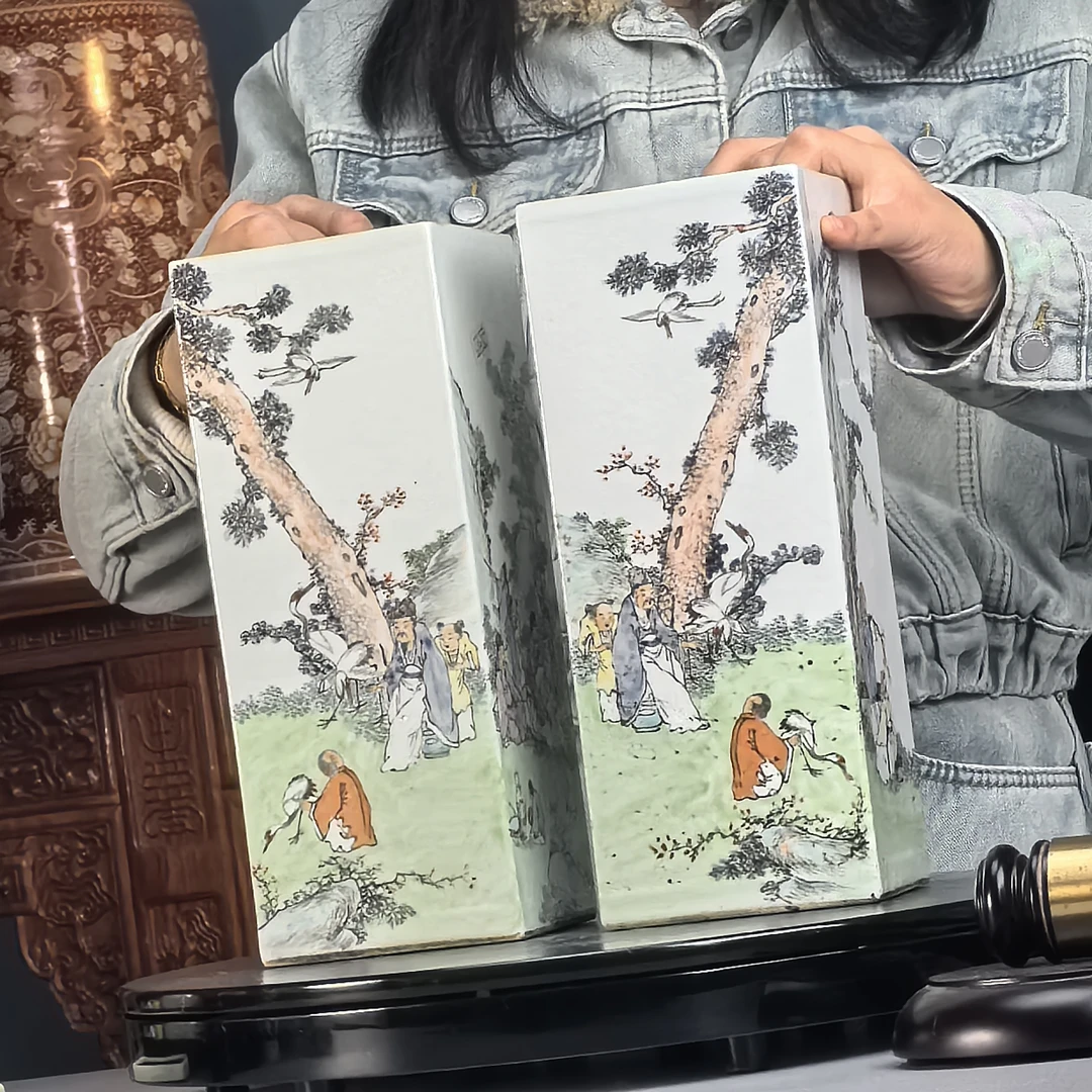 清 浅绛彩人物故事四方箭筒2