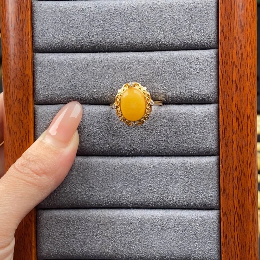 蜜蜡银S925镶嵌戒指老蜡戒指