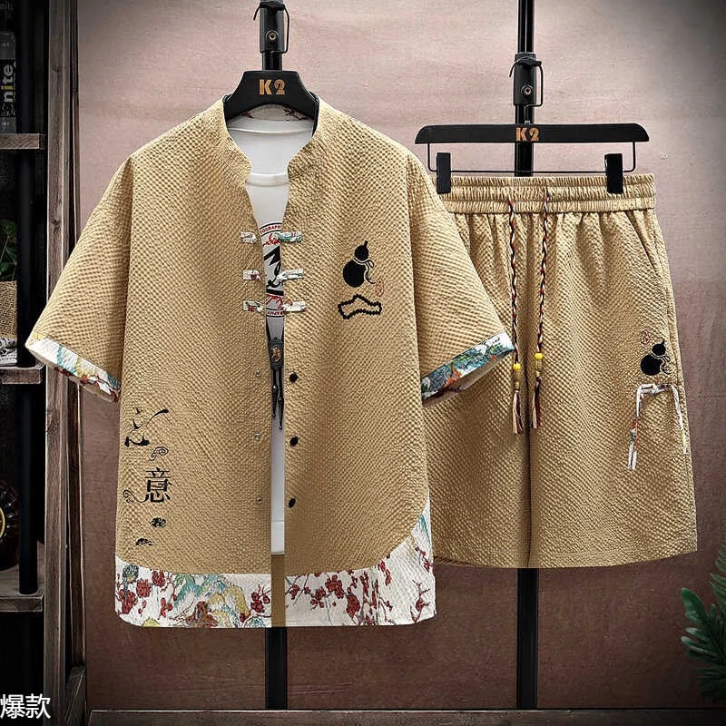 中国风短袖套装男士夏季薄款衬衫短裤两件套宽松休闲国潮汉服唐装