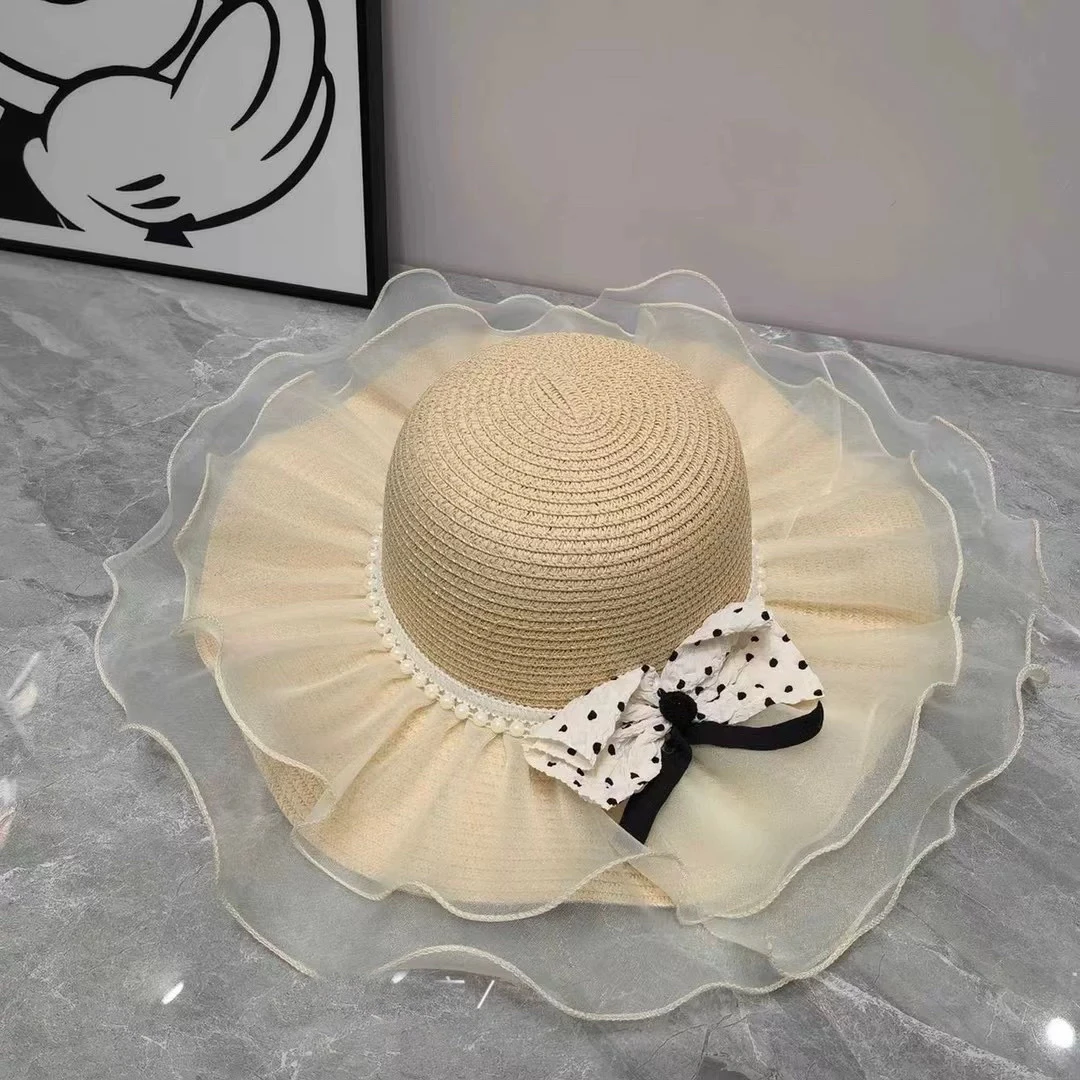 2025新款纯色大网纱遮阳帽户外海边度假遮阳防晒帽配长裙帽子超美