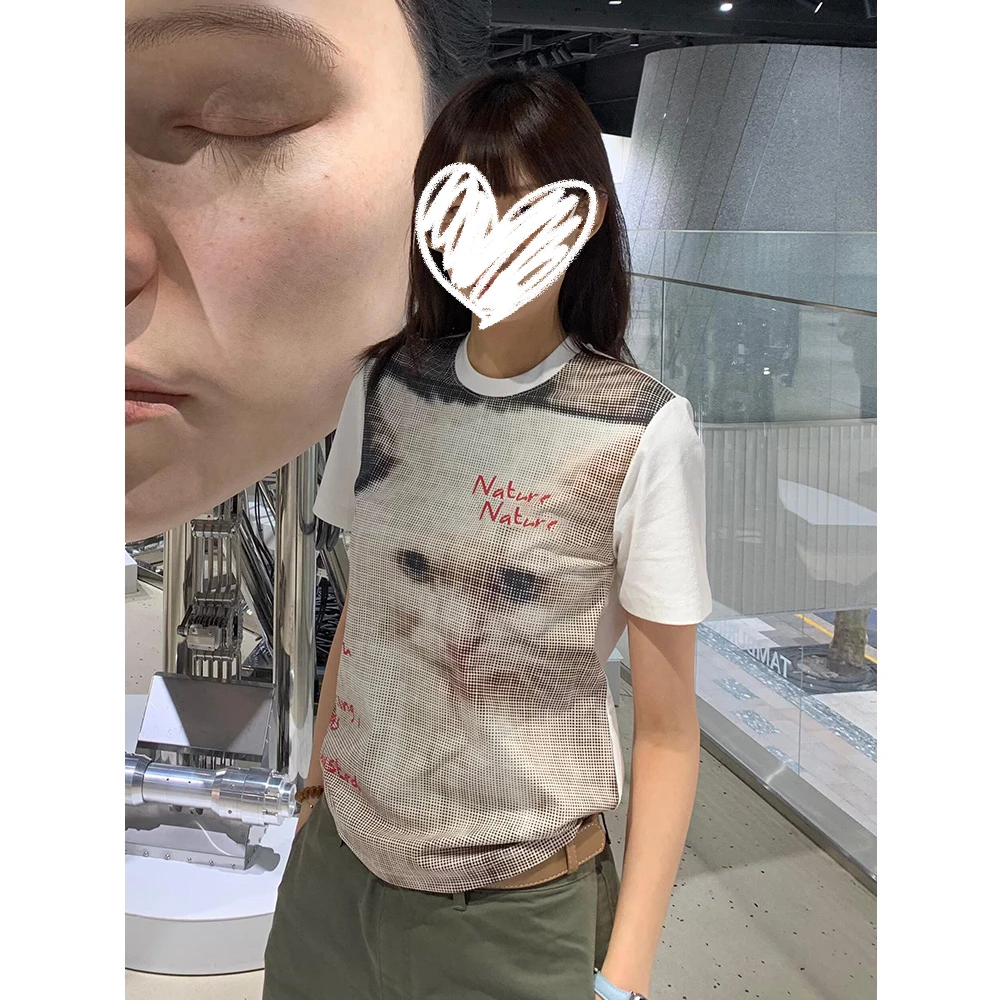 美式复古设计感猫咪印花短袖T恤女春夏新款圆领修身显瘦正肩上衣