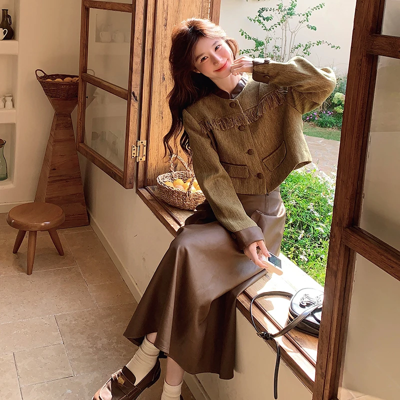 复古高级感开春穿搭套装裙女2025小香风外套pu皮半身裙气质两件套