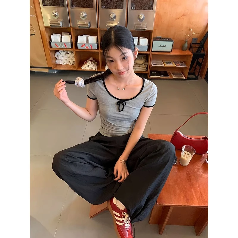 韩系撞色蝴蝶结圆领短袖T恤女2025春夏爆款正肩修身短款显瘦上衣