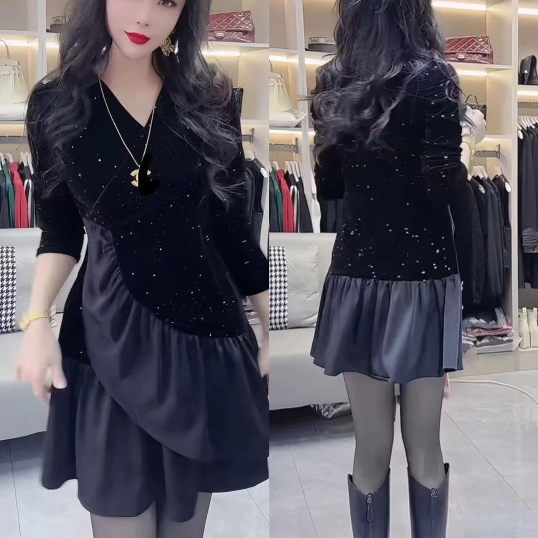 时尚拼接网红洋气显瘦宽松短款连衣裙【衣长78】