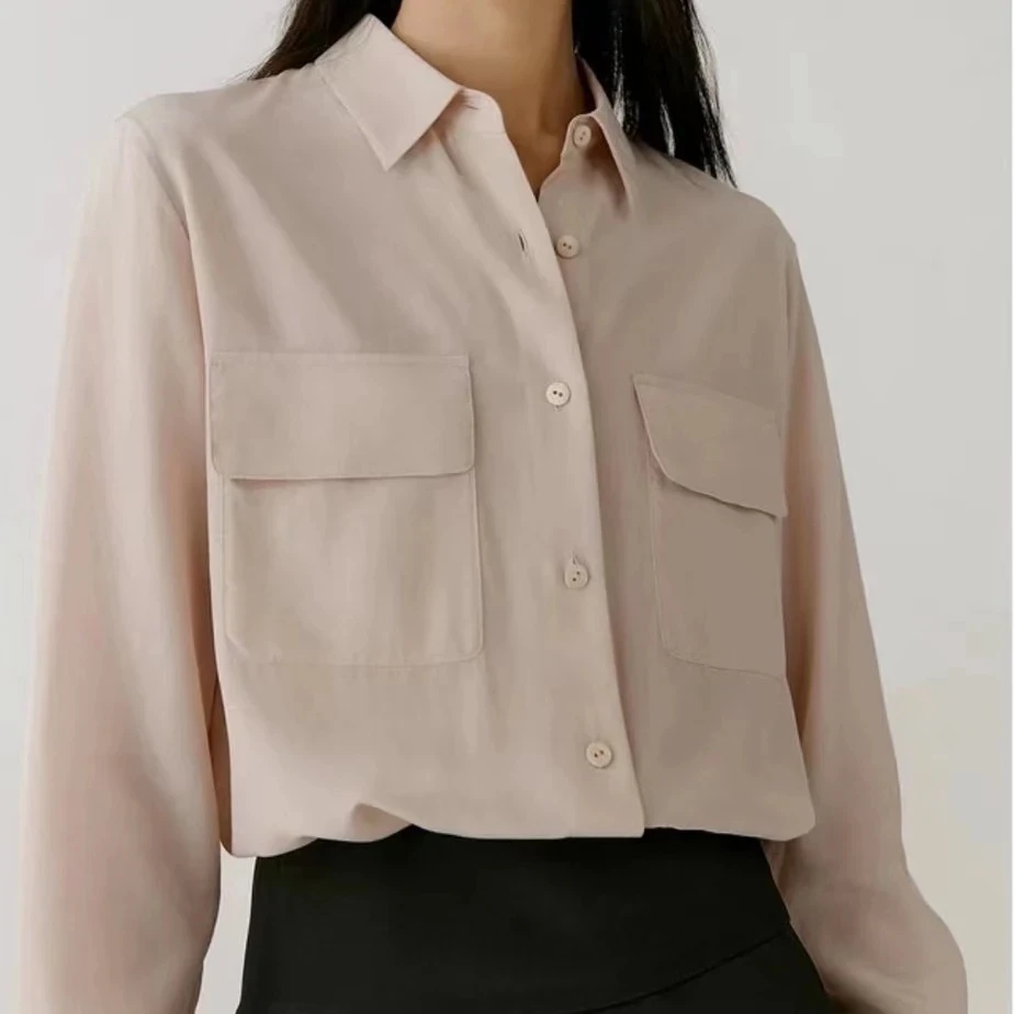 Z-21 桑蚕丝翻领立领口袋两色休闲衬衫