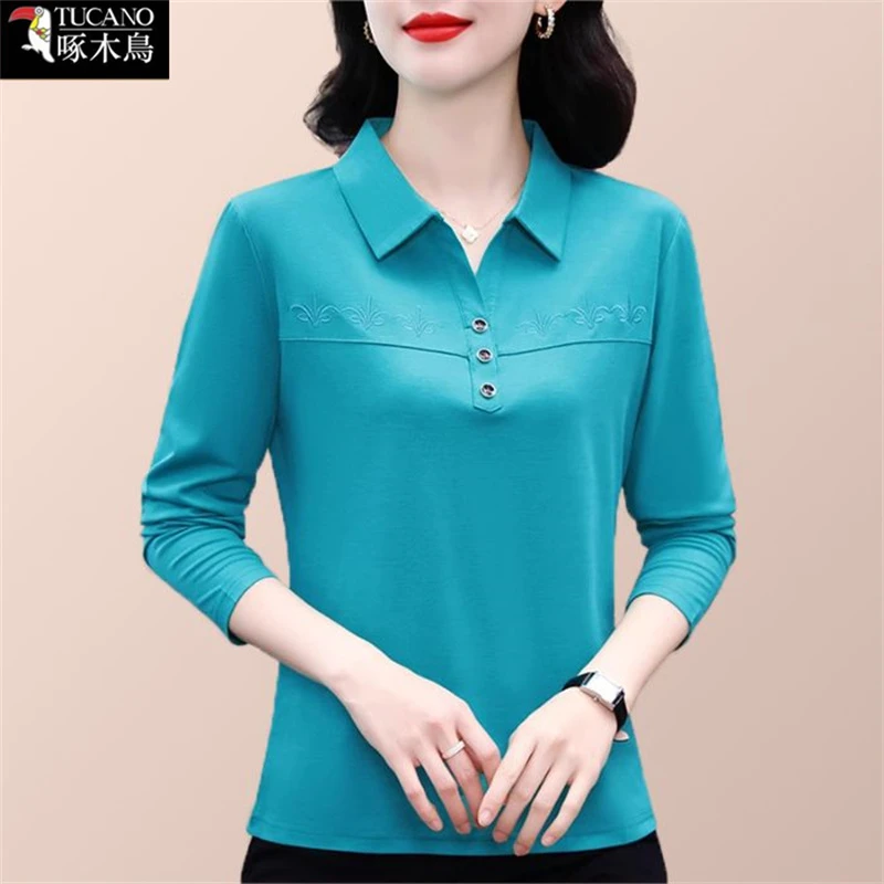 啄木鸟休闲气质翻领上衣T恤女时尚穿搭新款春秋季长袖打底POLO衫